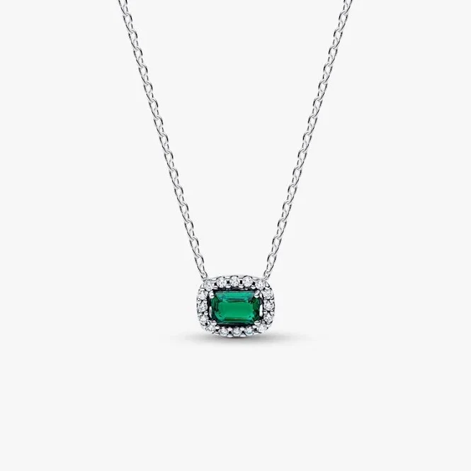 Rectangular Sparkling Green Halo Pendant Necklace