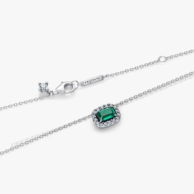 Rectangular Sparkling Green Halo Pendant Necklace