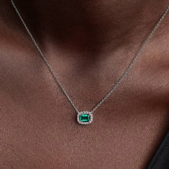 Rectangular Sparkling Green Halo Pendant Necklace