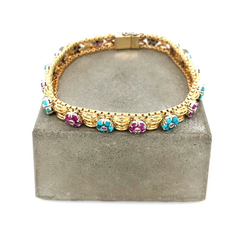 Armband Bicolor Gold 750 mit Rubinen und Türkisen