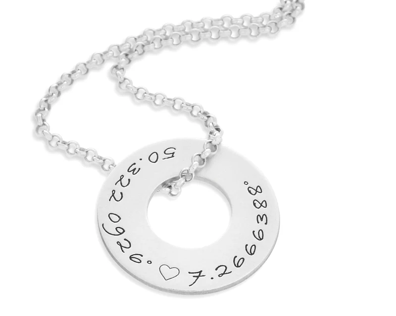 SILBERKETTE MIT GRAVUR 925 SILBER DONUT ANHÄNGER KETTE MIT KOORDINATEN