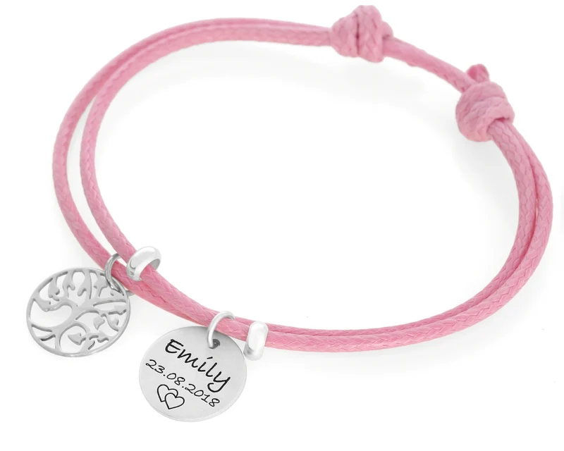 ARMBAND MIT LEBENSBAUM ANHÄNGER, BAUMWOLLARMBAND MIT GRAVUR