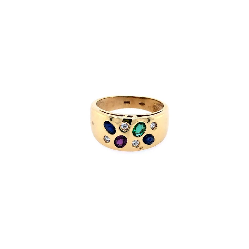 Ring Gelbgold 750 mit Rubin, Safiren, Smaragd & Brillanten
