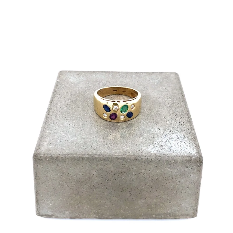 Ring Gelbgold 750 mit Rubin, Safiren, Smaragd & Brillanten