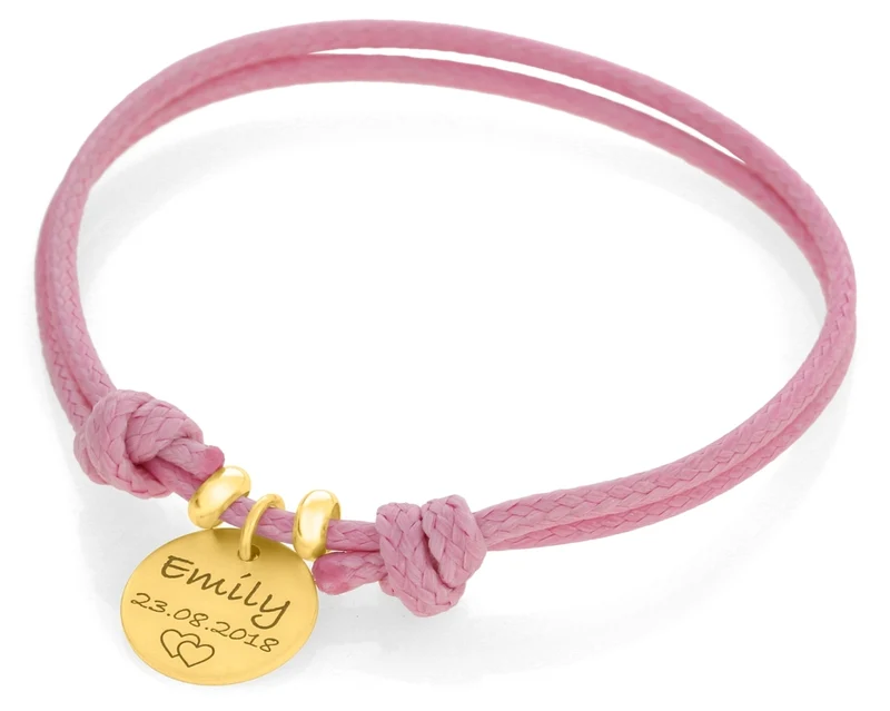 GESCHENK ZUR TAUFE, KINDERSCHMUCK MIT GRAVUR, BAUMWOLLBAND MIT VERGOLDETEN ANHÄNGERN