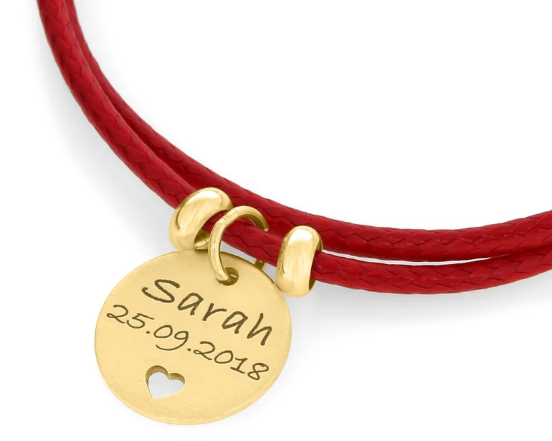ARMBAND ROT MIT GRAVUR, GESCHENK ZUR HOCHZEIT, TAUFSCHMUCK VERGOLDET