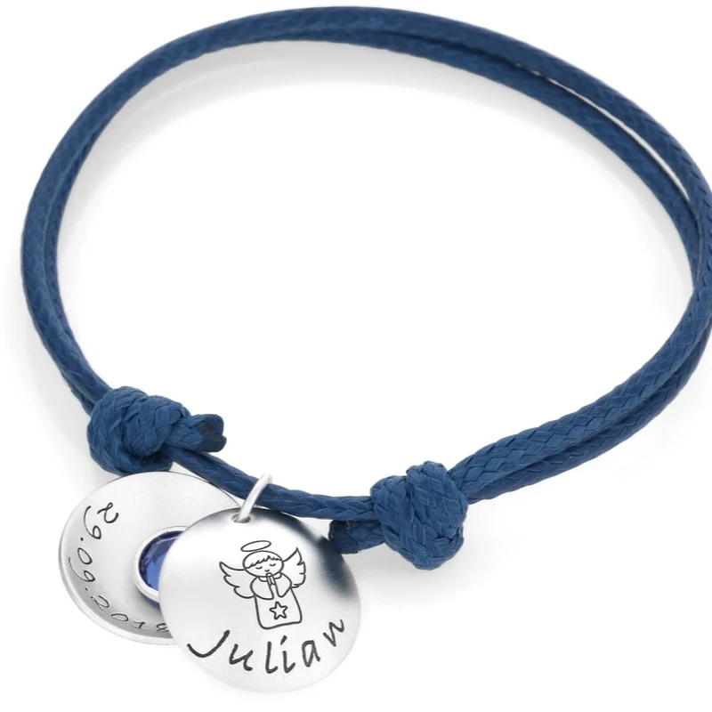 BAUMWOLLARMBAND BLAU, MEDAILLON MIT GRAVUR, ENGELSCHMUCK 925 SILBER