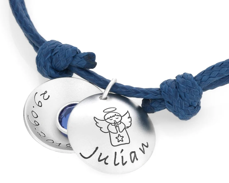 BAUMWOLLARMBAND BLAU, MEDAILLON MIT GRAVUR, ENGELSCHMUCK 925 SILBER