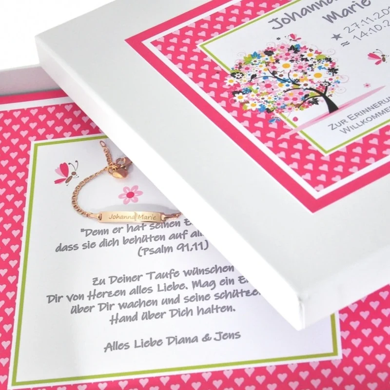 ARMBAND MIT HERZ ROSÉ VERGOLDET, ID ARMBAND MIT GRAVUR, GESCHENKBOX
