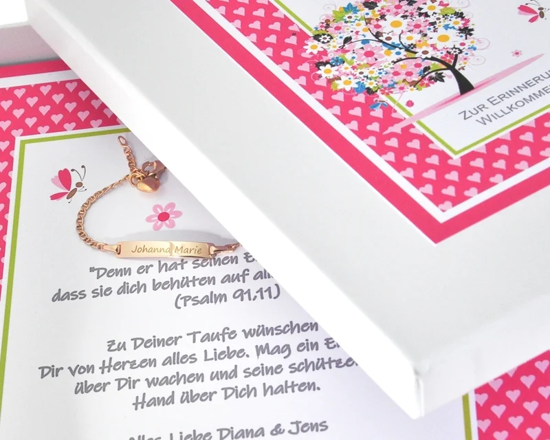ARMBAND MIT HERZ ROSÉ VERGOLDET, ID ARMBAND MIT GRAVUR, GESCHENKBOX