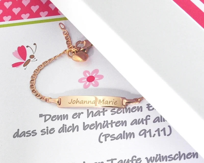 ARMBAND MIT HERZ ROSÉ VERGOLDET, ID ARMBAND MIT GRAVUR, GESCHENKBOX