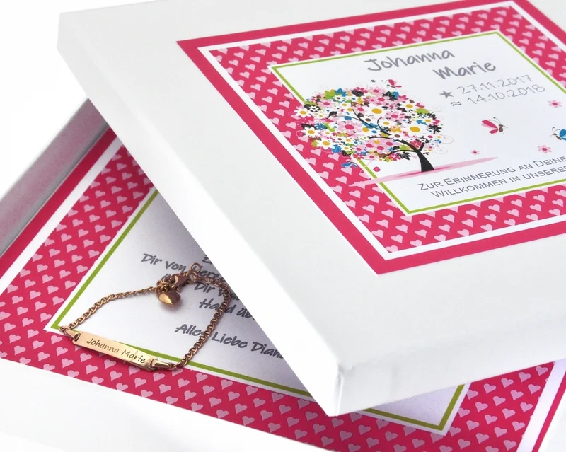 ARMBAND MIT HERZ ROSÉ VERGOLDET, ID ARMBAND MIT GRAVUR, GESCHENKBOX