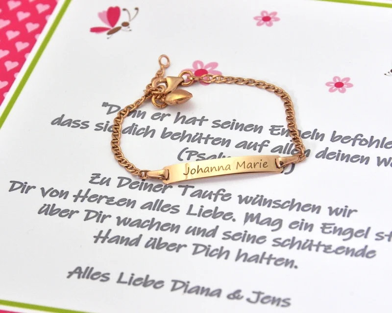 ARMBAND MIT HERZ ROSÉ VERGOLDET, ID ARMBAND MIT GRAVUR, GESCHENKBOX