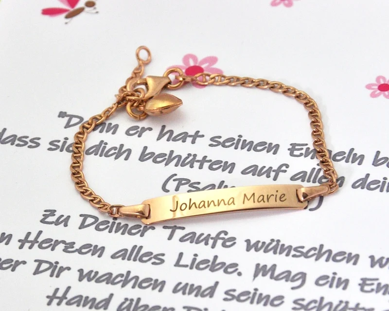 ARMBAND MIT HERZ ROSÉ VERGOLDET, ID ARMBAND MIT GRAVUR, GESCHENKBOX