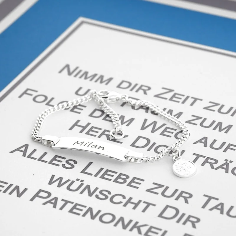 ID ARMBAND MIT GRAVUR, GESCHENK SCHACHTEL, TAUFGESCHENK, NAMENSKETTCHEN