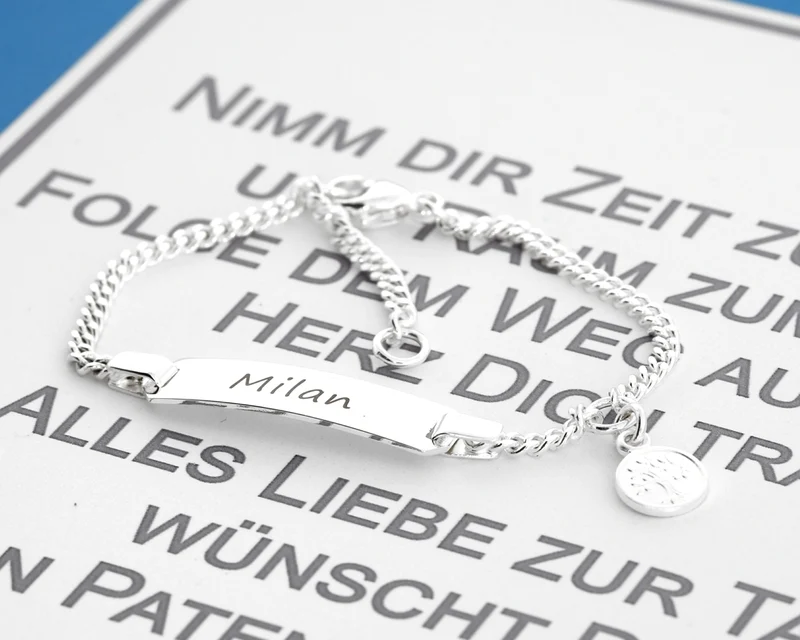 ID ARMBAND MIT GRAVUR, GESCHENK SCHACHTEL, TAUFGESCHENK, NAMENSKETTCHEN