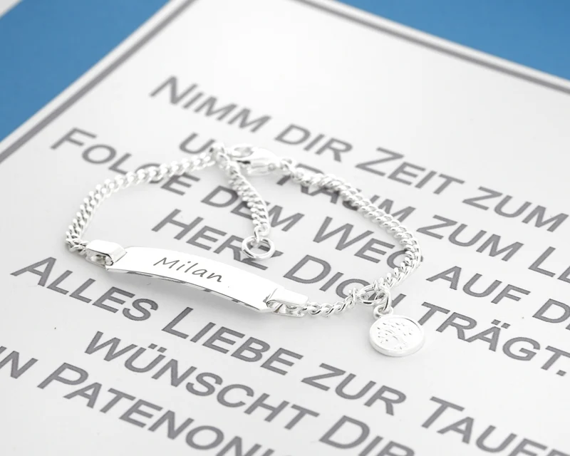 ID ARMBAND MIT GRAVUR, GESCHENK SCHACHTEL, TAUFGESCHENK, NAMENSKETTCHEN