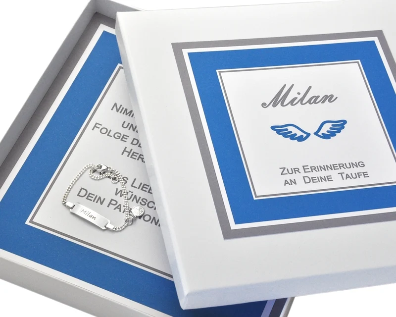 ID ARMBAND MIT GRAVUR, GESCHENK SCHACHTEL, TAUFGESCHENK, NAMENSKETTCHEN