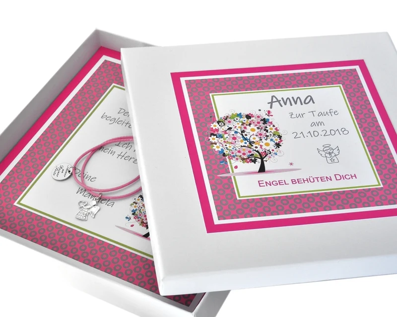 GESCHENKSCHACHTEL, BAUMWOLLARMBAND MIT SCHUTZENGEL, ARMBAND MIT GRAVUR & GESCHENKBOX