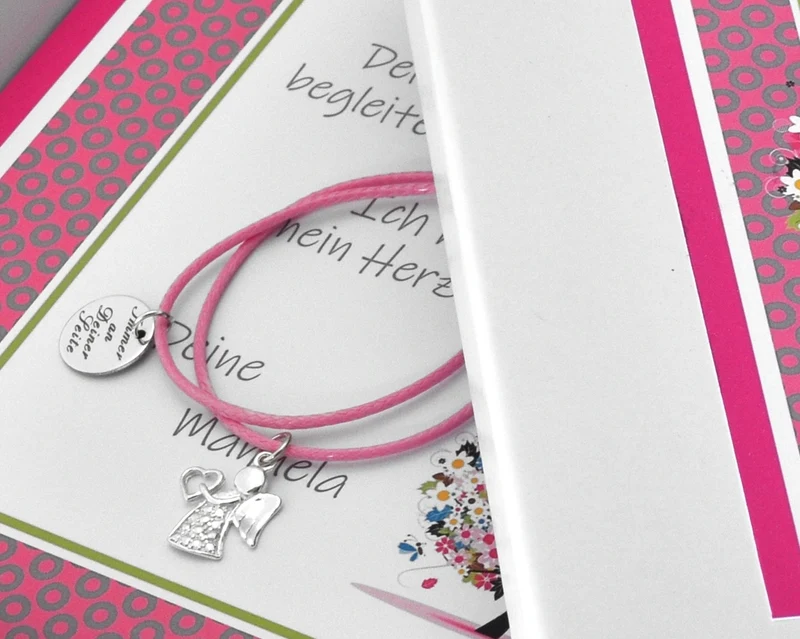 GESCHENKSCHACHTEL, BAUMWOLLARMBAND MIT SCHUTZENGEL, ARMBAND MIT GRAVUR & GESCHENKBOX