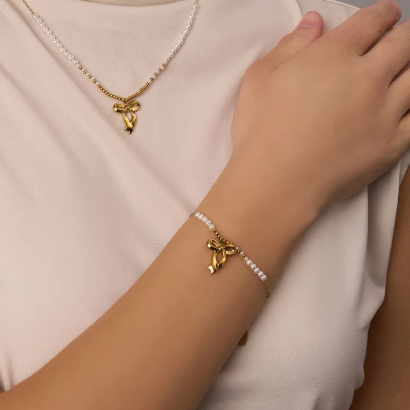 Pearl Beads Ribbon Armband 14K Vergoldet