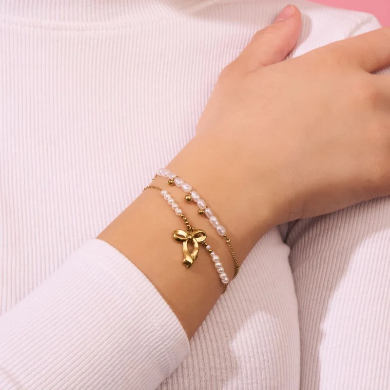 Pearl Beads Ribbon Armband 14K Vergoldet