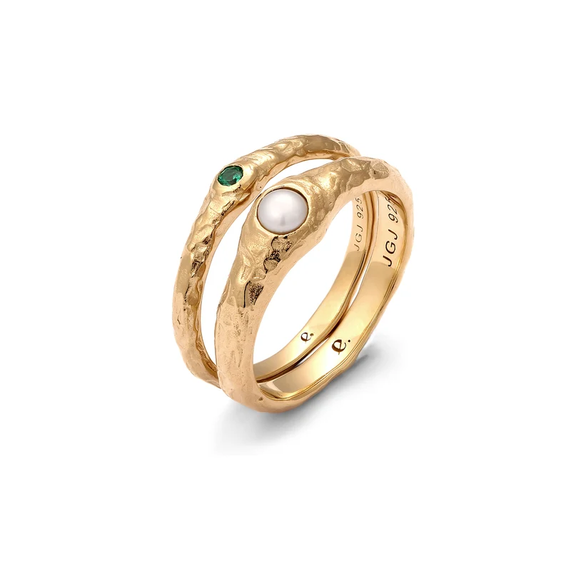 Ringset Organic | Synthetischer Smaragd (Grün) & Süßwasserzuchtperle (Weiß)