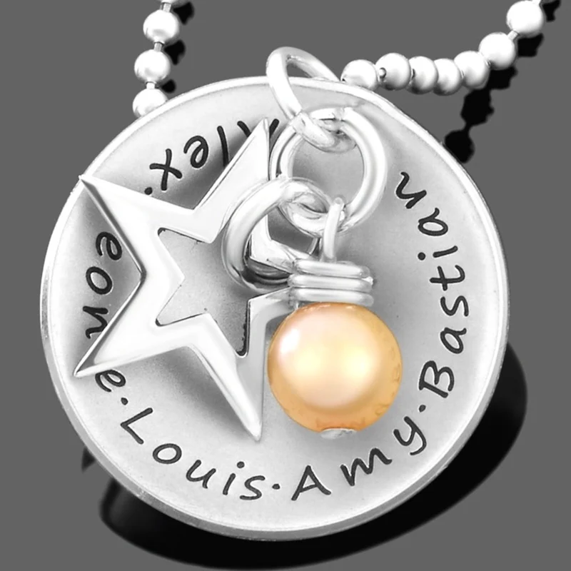 FAMILIENKETTE MIT KINDERNAMEN SILBERSCHMUCK GRAVUR STERN DAMENKETTE