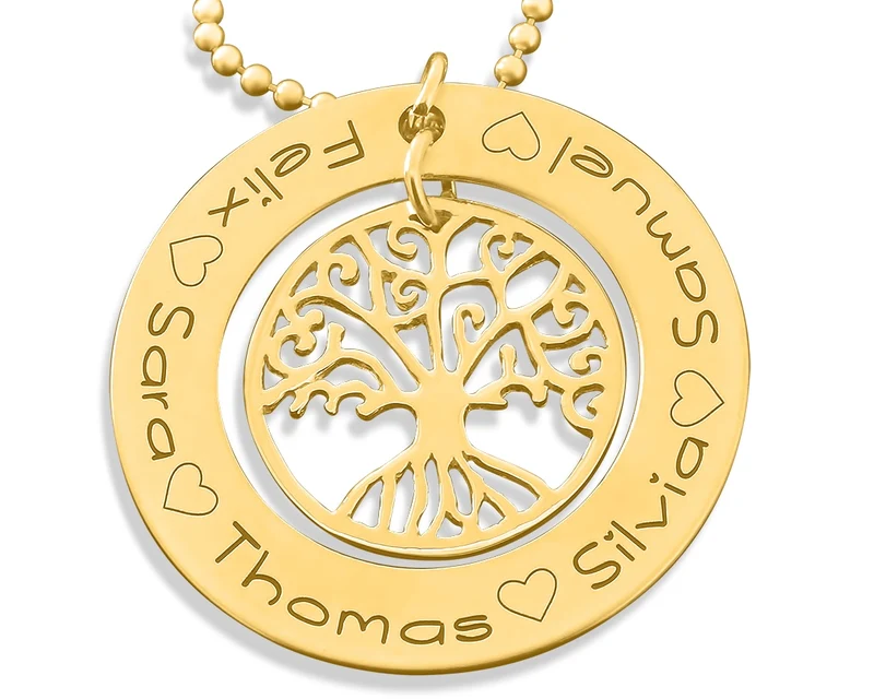 LEBENSBAUM SCHMUCK DAMMEN GOLD FAMILIENBAUM NAMENSKETTE VERGOLDET
