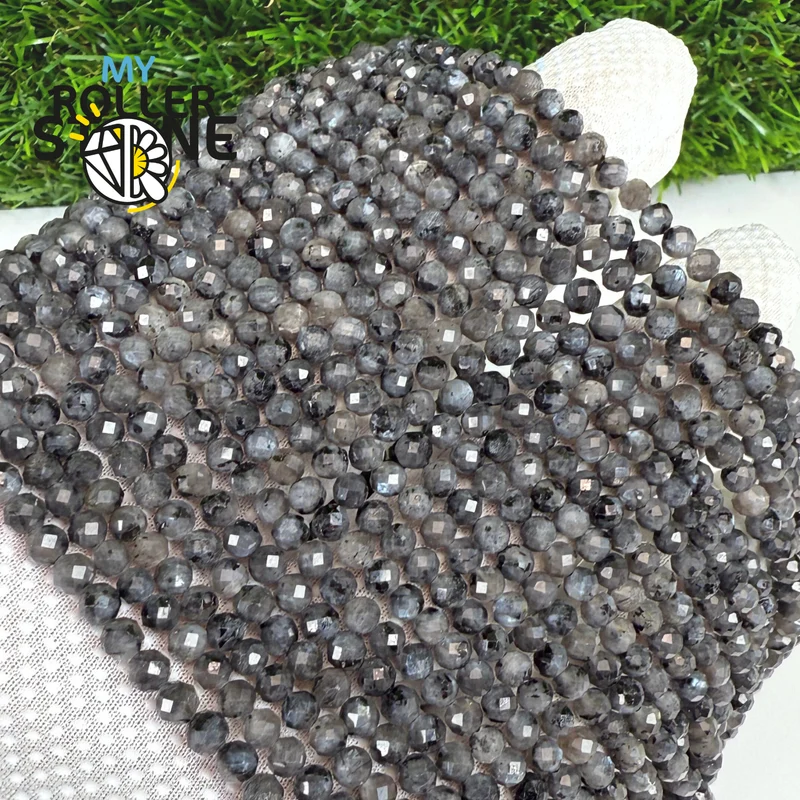 Facettierte schwarze Labradoritperlen, 3 und 4 mm