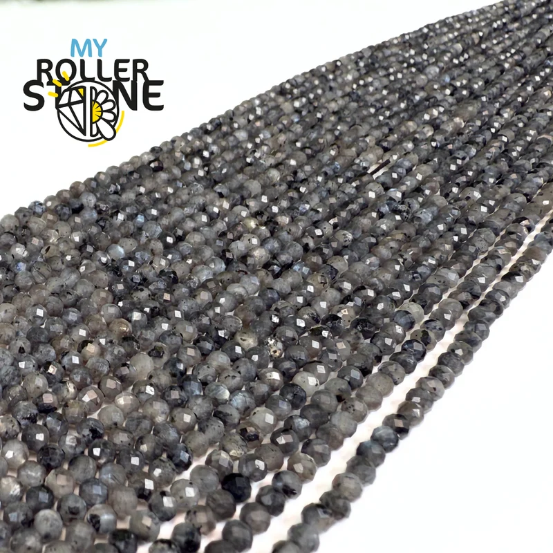 Facettierte schwarze Labradoritperlen, 3 und 4 mm