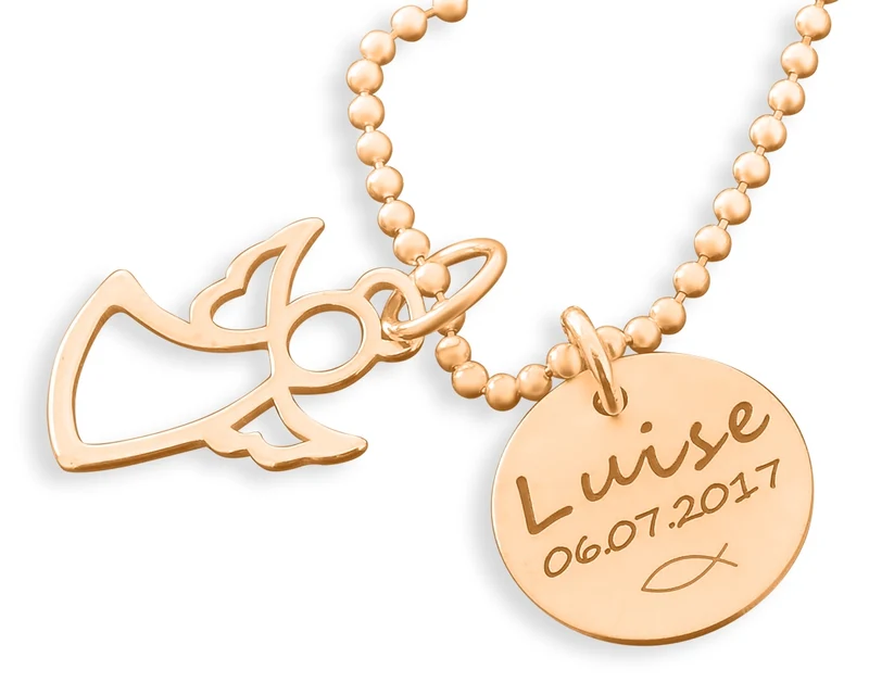 NAMENKETTE 925 ROSÉ GOLD NAMENSKETTE ICHTHYS ENGELSCHMUCK TAUFKETTE MÄDCHEN GRAVUR