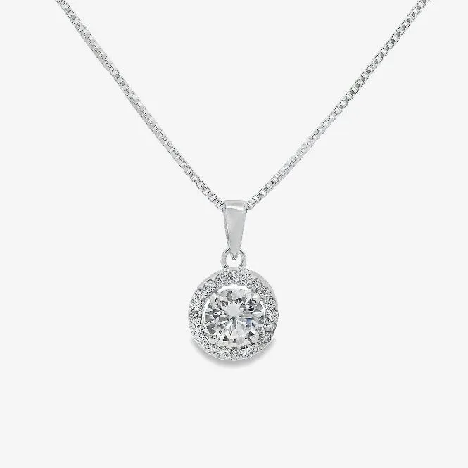 Silver Round CZ Halo Pendant Necklace
