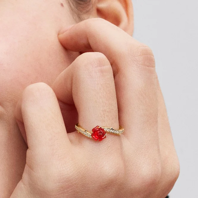Disney Beauty and the Beast Gold Enchanted Rose Ring, Size 50