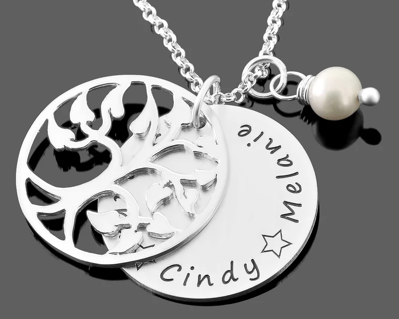NAMENSKETTE SILBER LEBENSBAUM ANHÄNGER PERLE SCHMUCK MIT GRAVUR
