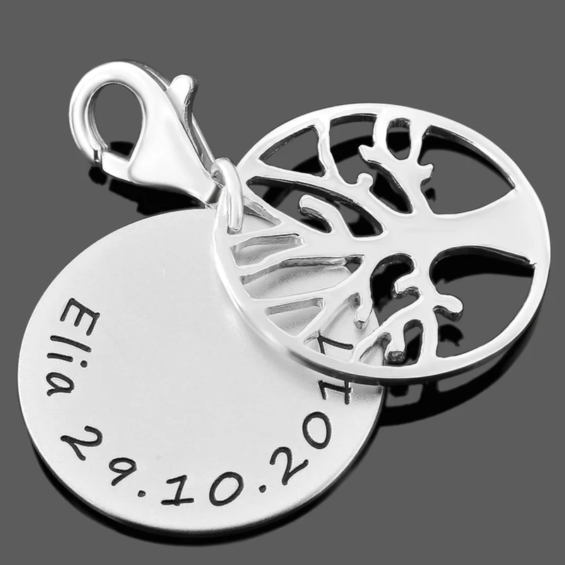 CHARM ANHÄNGER MIT GRAVUR SCHLÜSSELANHÄNGER 925 SILBER NAMEN LEBENSBAUM
