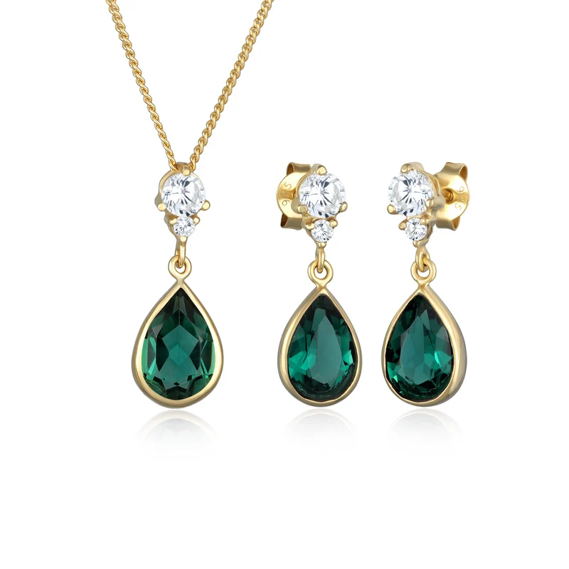 Schmuckset Tropfen | Quarz, Zirkonia (Grün, Weiß)