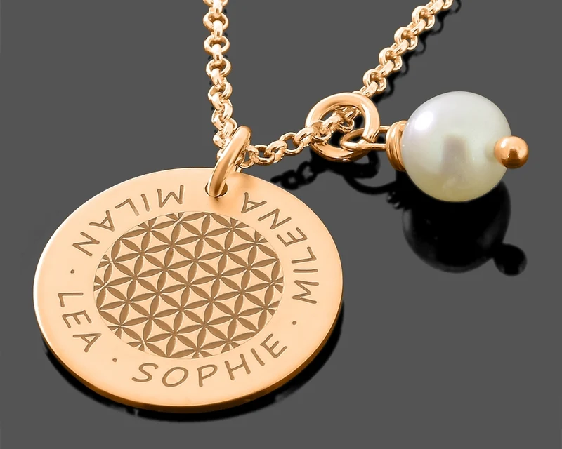 DAMENSCHMUCK MIT NAMEN KETTE MIT GRAVUR ROSÉ VERGOLDET LEBENSBLUME
