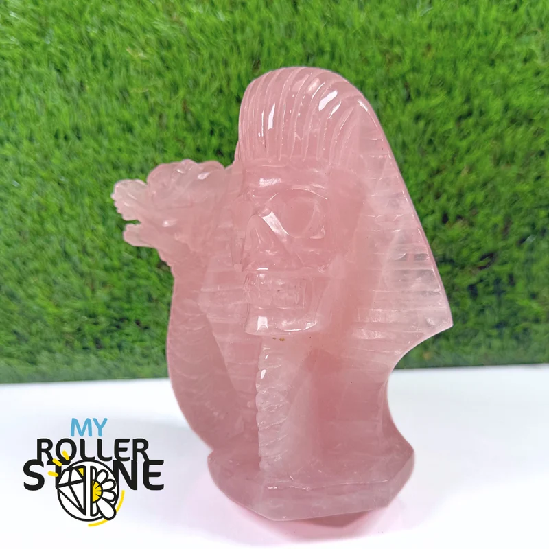 Rosenquarz-Skulptur Pharaokopf und Drache
