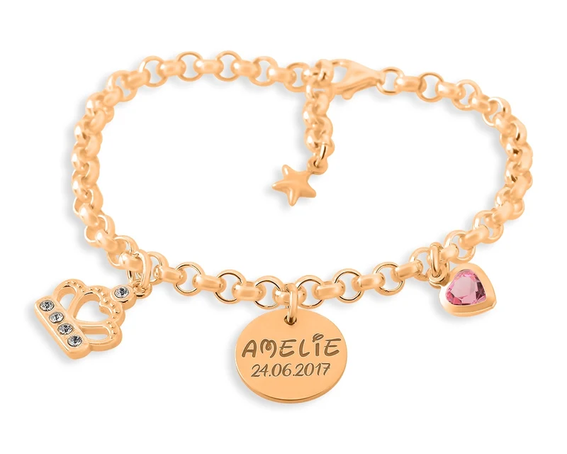 MÄDCHEN SCHMUCK ARMBAND ROSÉ GOLD GRAVUR KINDERARMBAND KRONE & HERZ ANHÄNGER