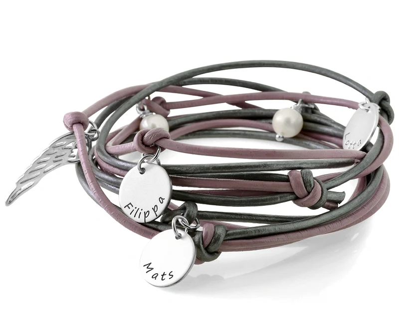 LEDERARMBAND SILBER ROSA ENGELFLÜGEL FAMILIENSCHMUCK