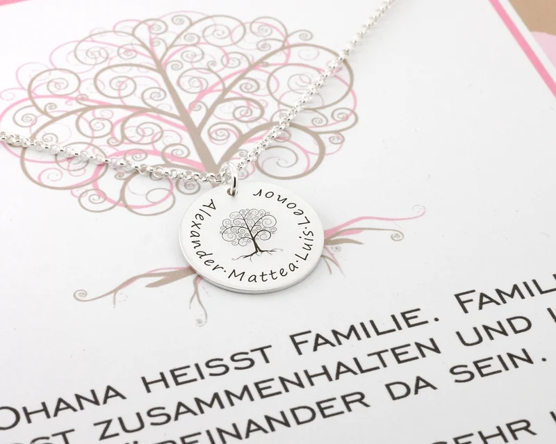 FAMILIENKETTE MIT NAMEN, SILBERSCHMUCK MIT GRAVUR, BAUM DES LEBENS SCHMUCK