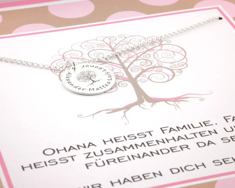 FAMILIENKETTE MIT NAMEN, SILBERSCHMUCK MIT GRAVUR, BAUM DES LEBENS SCHMUCK