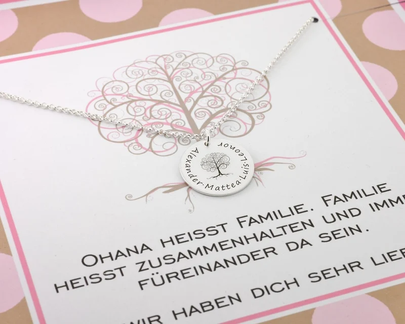 FAMILIENKETTE MIT NAMEN, SILBERSCHMUCK MIT GRAVUR, BAUM DES LEBENS SCHMUCK