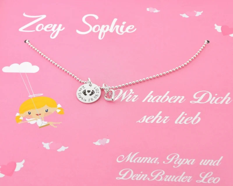 GESCHENK ZUR GEBURT SILBERKETTE NAMENSKETTE MIT "BABYFÜßCHEN" GESCHENK SCHACHTEL SCHMUCKBOX