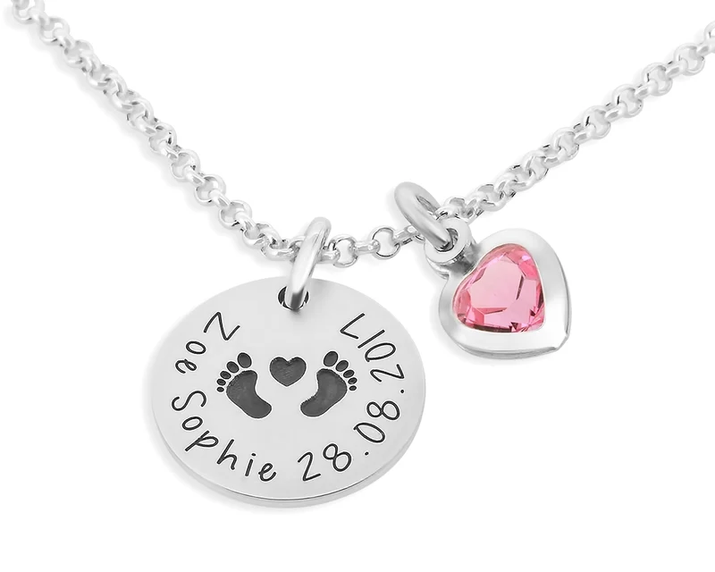 GESCHENK ZUR GEBURT SILBERKETTE NAMENSKETTE MIT "BABYFÜßCHEN" GESCHENK SCHACHTEL SCHMUCKBOX