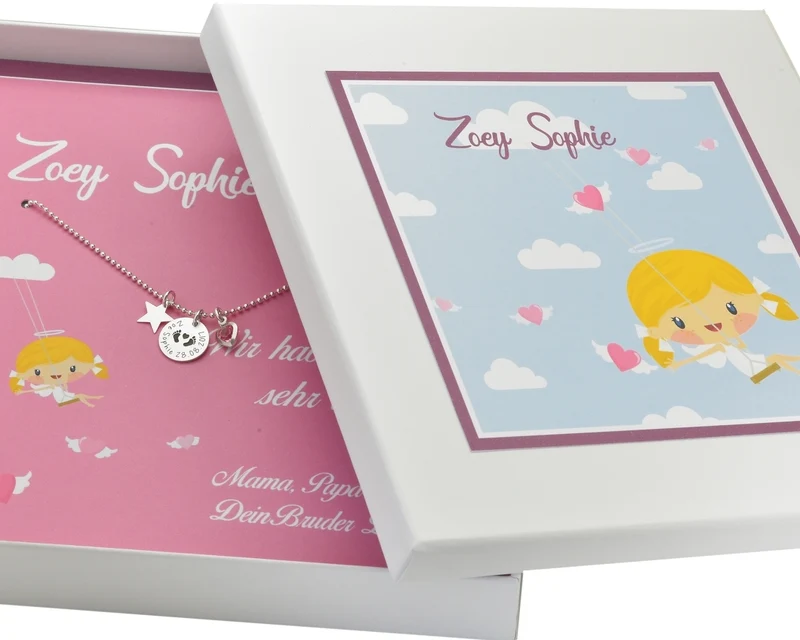 GESCHENK SCHACHTEL SILBERKETTE MIT "BABYFÜßCHEN" GESCHENK ZUR GEBURT NAMENSSCHMUCK