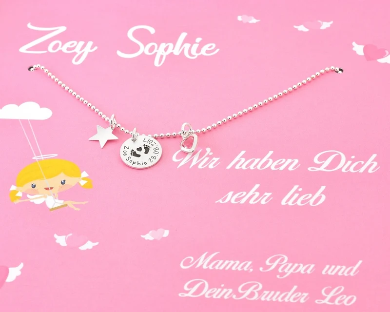 GESCHENK SCHACHTEL SILBERKETTE MIT "BABYFÜßCHEN" GESCHENK ZUR GEBURT NAMENSSCHMUCK