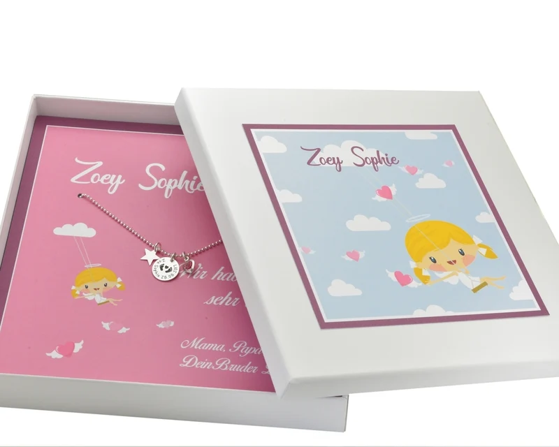 GESCHENK SCHACHTEL SILBERKETTE MIT "BABYFÜßCHEN" GESCHENK ZUR GEBURT NAMENSSCHMUCK