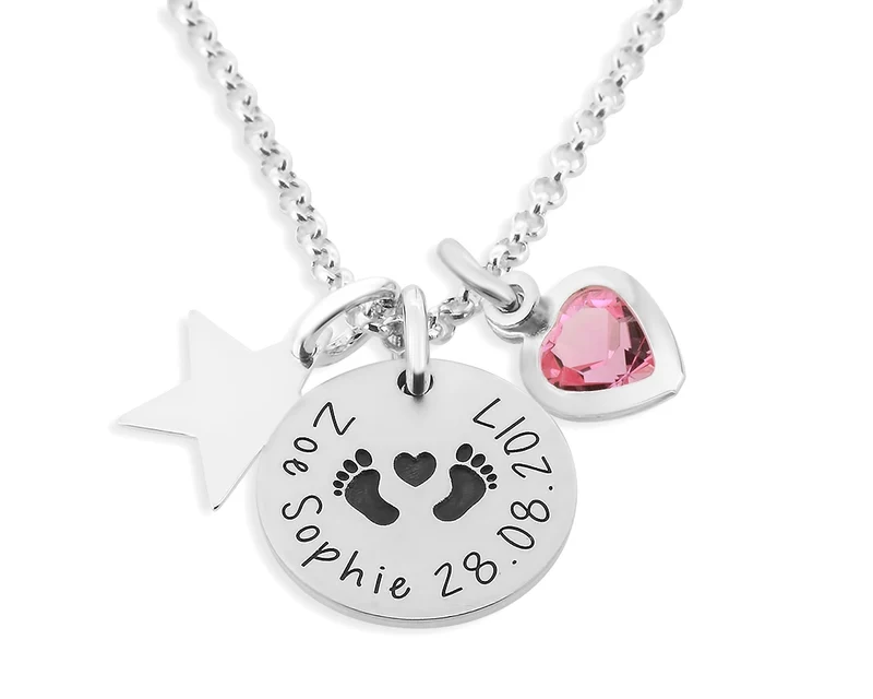 GESCHENK SCHACHTEL SILBERKETTE MIT "BABYFÜßCHEN" GESCHENK ZUR GEBURT NAMENSSCHMUCK